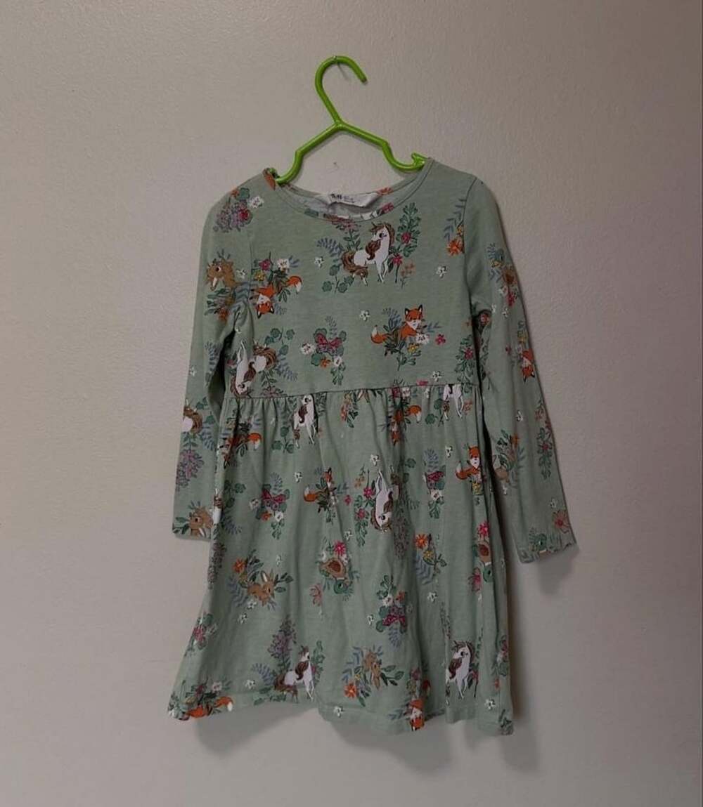 H&M Dusty Green Animal Unicorn Fox Long Sleeve Dress Size 5/6T